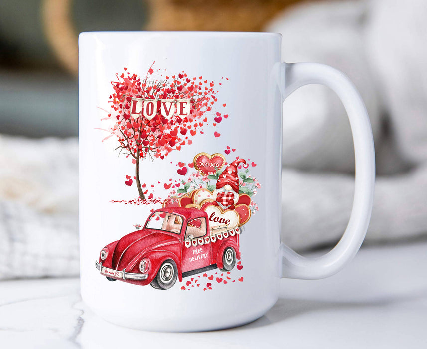 Valentine Gnome Red Truck Hearts Coffee Mugs