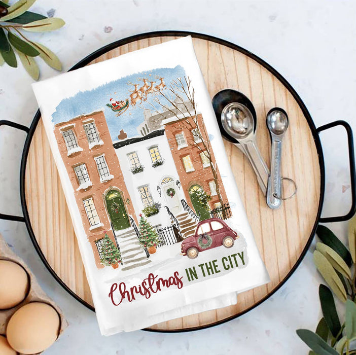 Christmas in the City Houses Tea Towel
