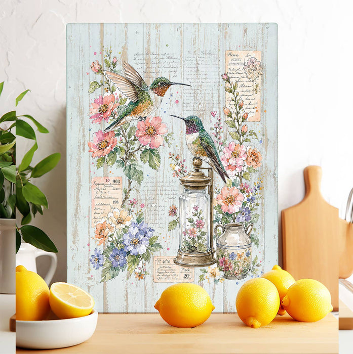 Vintage Flowers Hummingbirds Glass Cutting Board