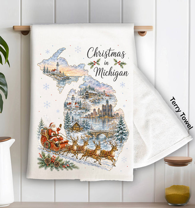 Christmas in Michigan State Map Kitchen Terry Towel