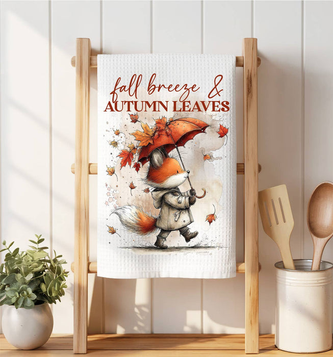 Fall Breeze Autumn Leaves Fox Waffle Weave Towel