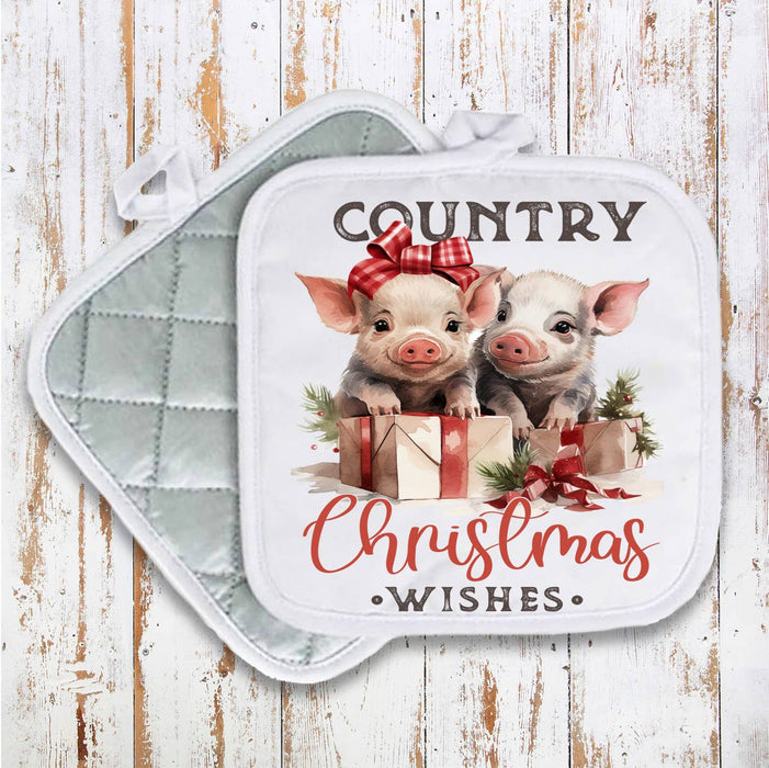 Country Christmas Wishes Piglets Pot Holder Oven Mitt