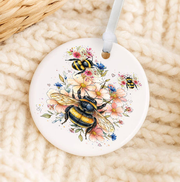 Watercolor Bees Flowers Ornament
