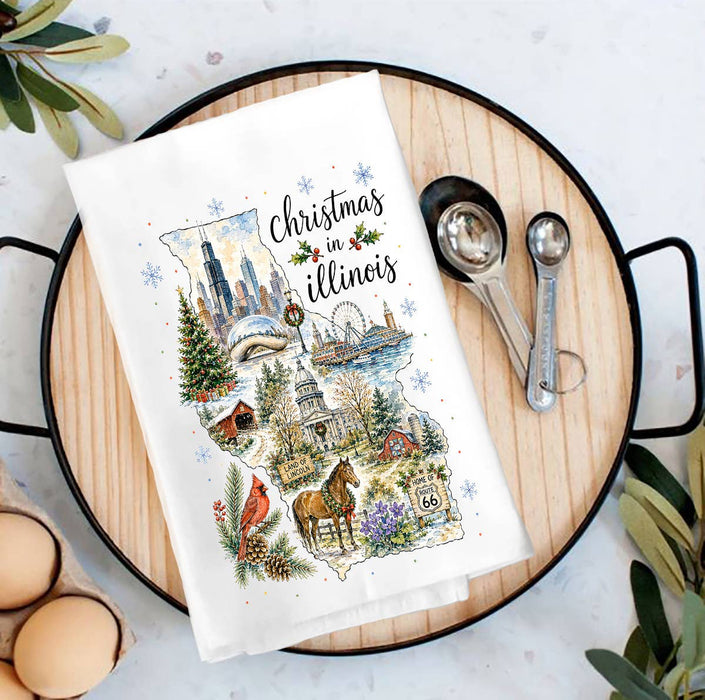 Christmas in Illinois State Map Tea Towel
