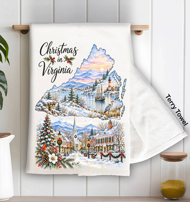 Christmas in Virginia State Map Kitchen Terry Towel