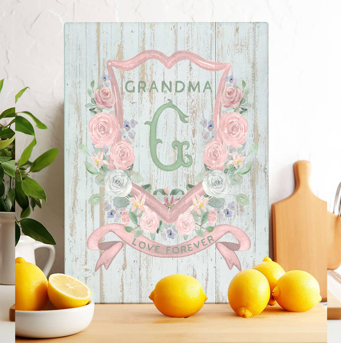Mother's Day Grandma Floral Crest Glass Cutting Board