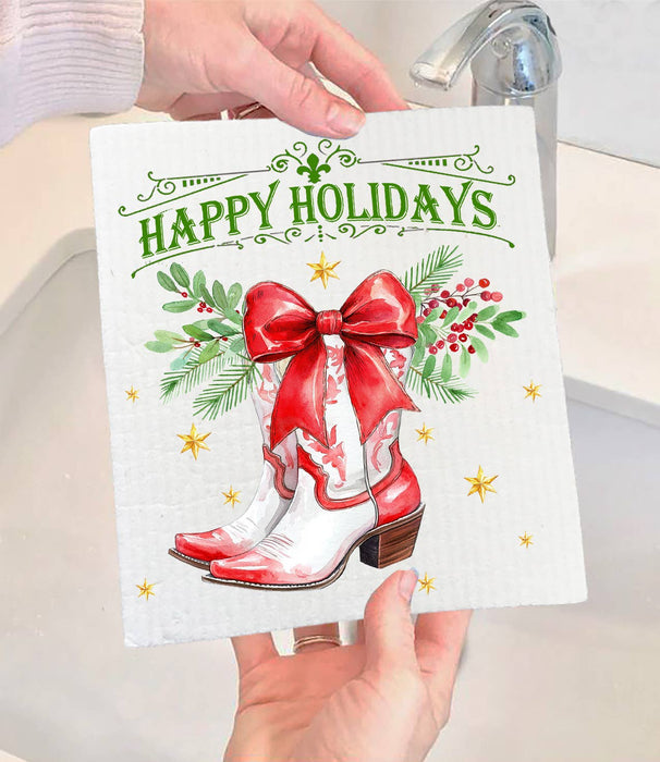 Christmas Happy Holidays Cowboy Boot Swedish Dishcloth
