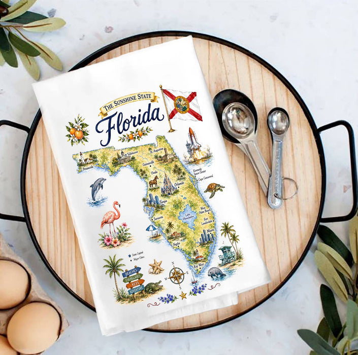 Florida State Map Landmark Tea Towel