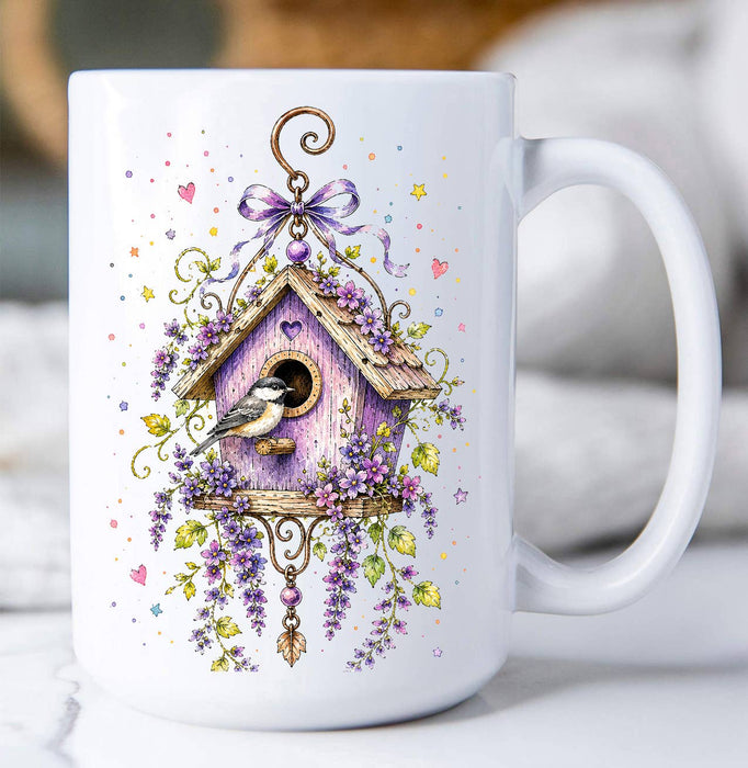 Lavender Whimsical Birdhouse Coffee Mug