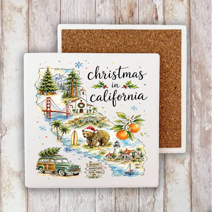 Christmas in California State Map Stone Coaster