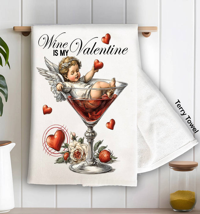Wine is My Valentine Cupid Kitchen Terry Towel