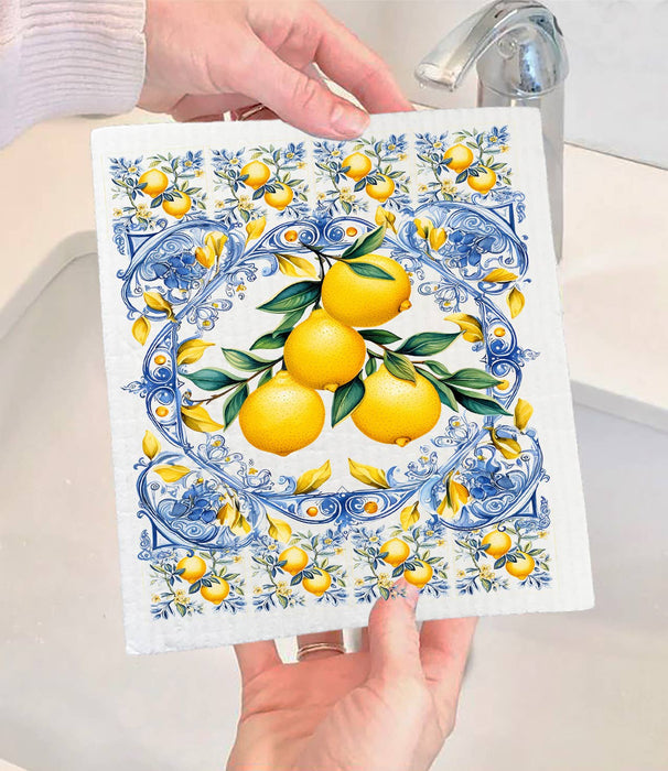 Mediterranean Blue Tiles Lemons Swedish Dishcloth