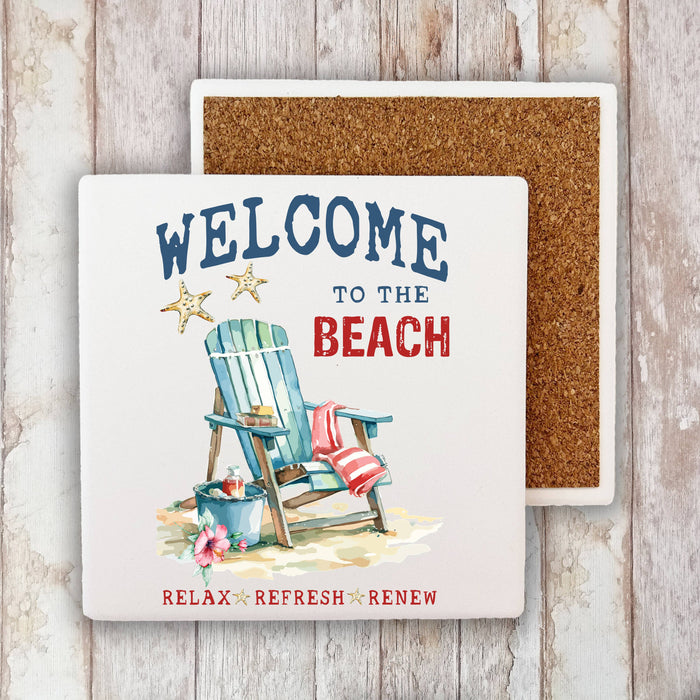 Coastal Welcome to the Beach Stone Coaster