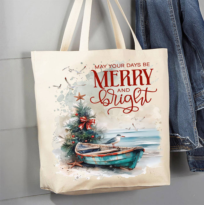 Coastal Christmas Beach Boat Canvas Tote Bag