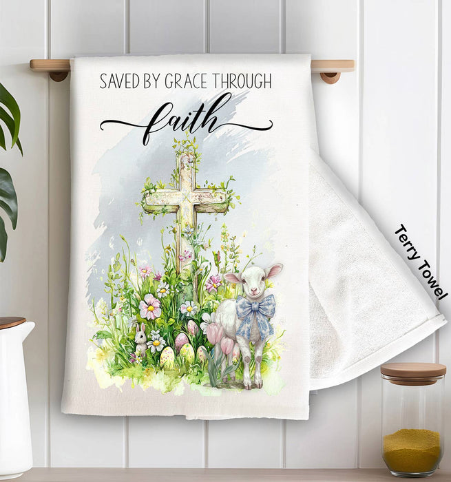 Saved by Grace Easter Lamb Cross Kitchen Terry Towel