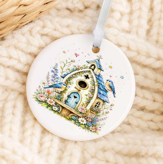 Watercolor Birdhouse Blue Flowers Ornament
