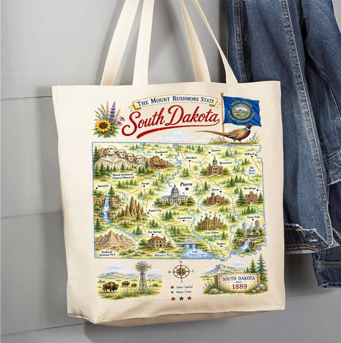 South Dakota State Map Landmark Canvas Tote Bag