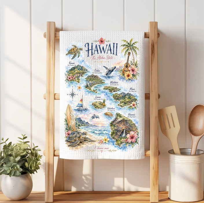 Hawaii State Map Landmark Waffle Weave Towel