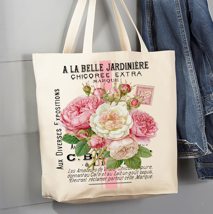 Vintage Shabby Chic French Roses Canvas Tote Bag