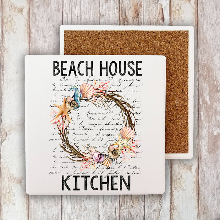 Beach House Sea Shell Wreath Ocean Stone Coaster