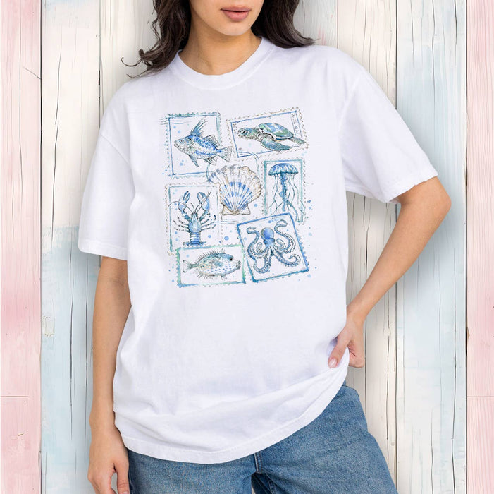 Coastal Blue Ocean Vintage Stamps T-Shirt