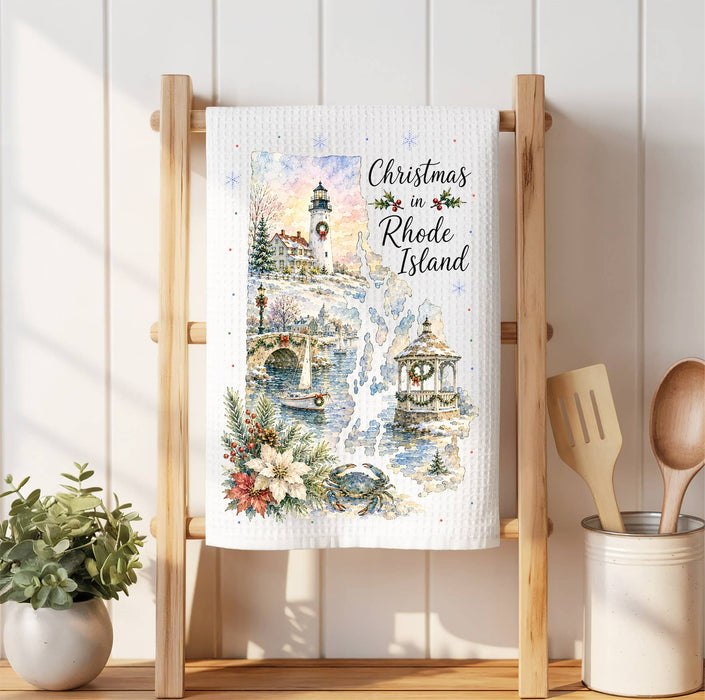 Christmas in Rhode Island State Map Waffle Weave Towel
