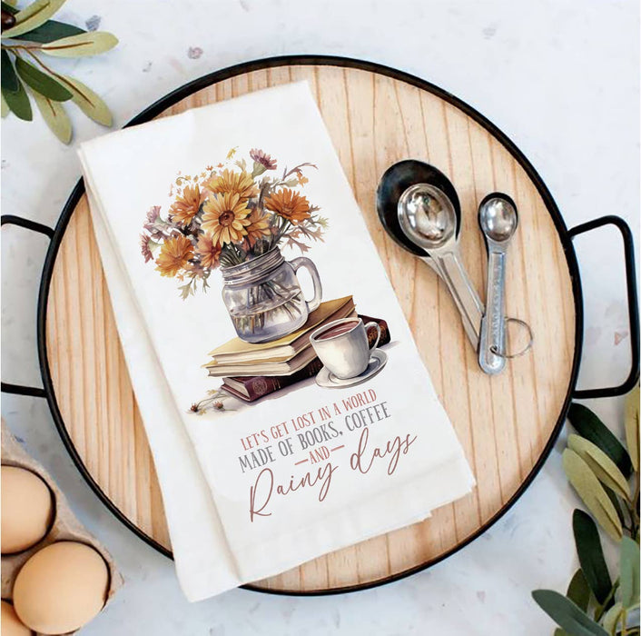 Autumn Fall Books & Coffee Rainy Day Tea Towel