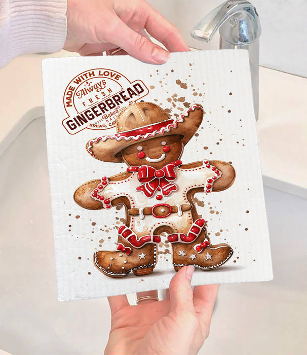 Cowboy Gingrbread Man Christmas Swedish Dishcloth