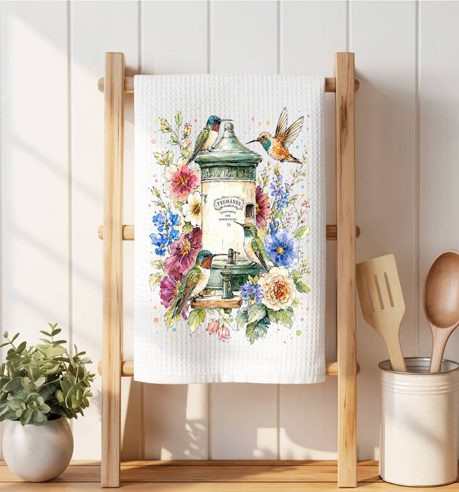 Spring Hummingbirds Flowers Feeder Waffle Weave Towel