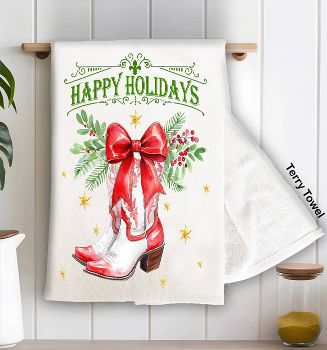 Christmas Happy Holidays Cowboy Boot Kitchen Terry Towel