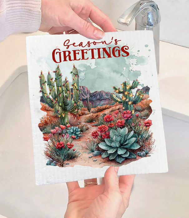 Christmas Seasons Greeting Desert Cactus Swedish Dishcloth