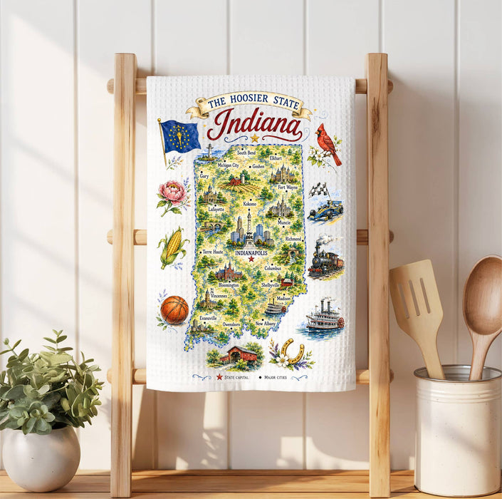 Indiana State Map Landmark Waffle Weave Towel