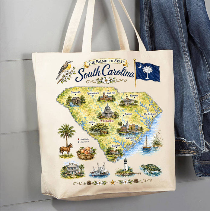 South Carolina State Map Landmark Canvas Tote Bag