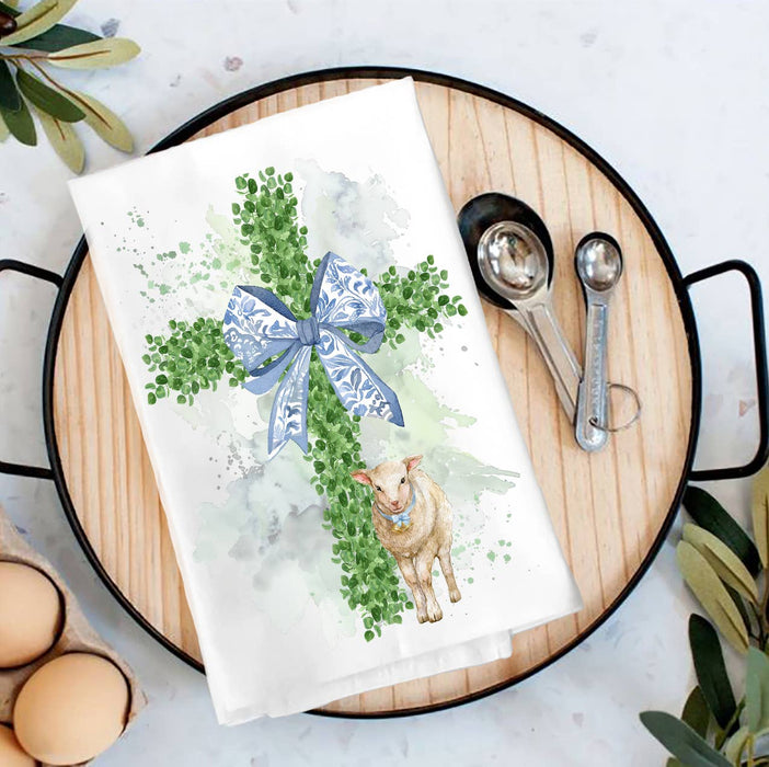 Easter Boxwood Cross Lamb Spiritual Tea Towel