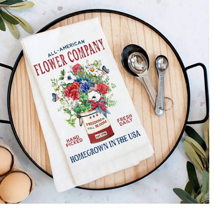 Farmhouse 4th of July Patriotic Flowers Tea Towel