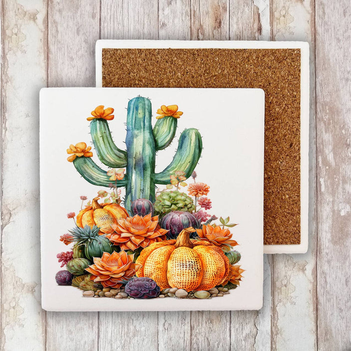 Fall Pumpkin Saratoga Cactus Flowers  Stone Coaster