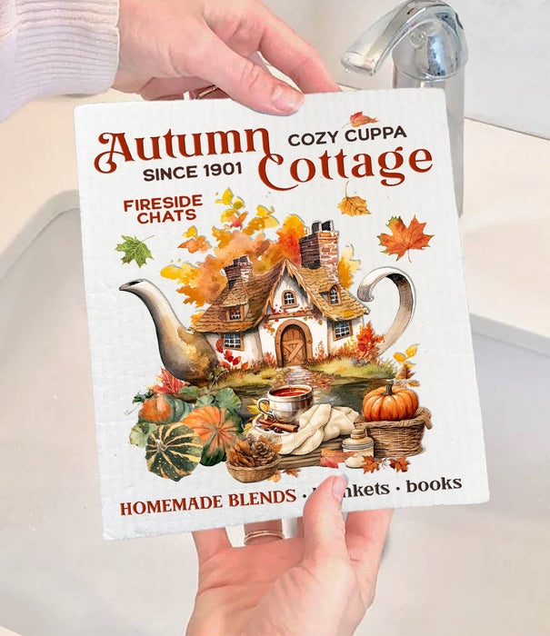 Autumn Fall Tea Cottage Swedish Dishcloth