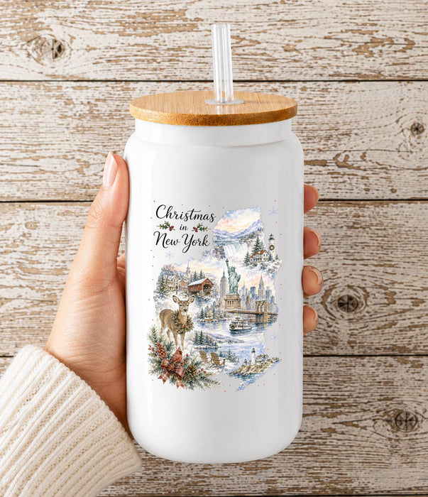 Christmas in New York State Map Glass Cup