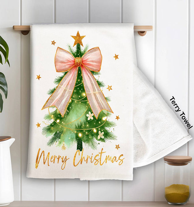 Merry Christmas tree Bow Gold  Kitchen Terry Towel