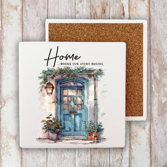Blue Door Home Our Story Begins Stone Coaster