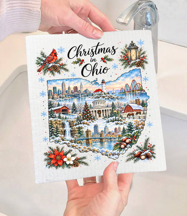 Christmas in Ohio State Map Swedish Dishcloth