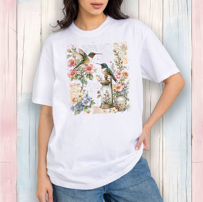 Vintage Flowers Hummingbirds T-Shirt