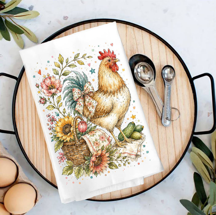 Whimsical Country Hen Flowers Tea Towel