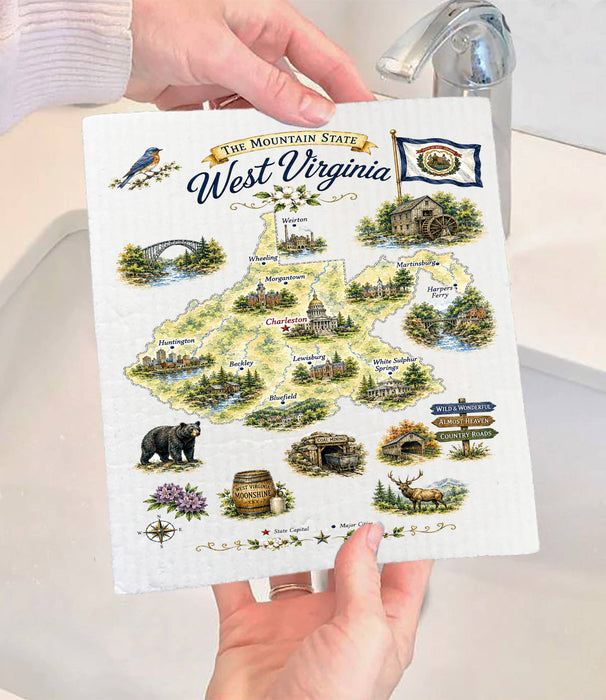 West Virginia State Map Landmark Swedish Dishcloth