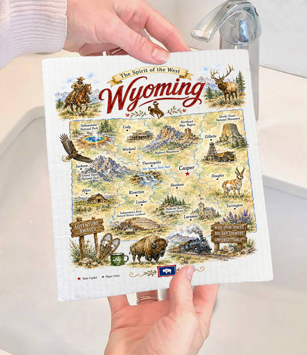 Wyoming State Map Landmark Swedish Dishcloth