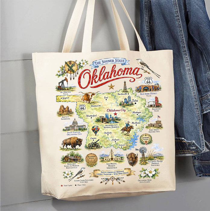 Oklahoma State Map Landmark Canvas Tote Bag