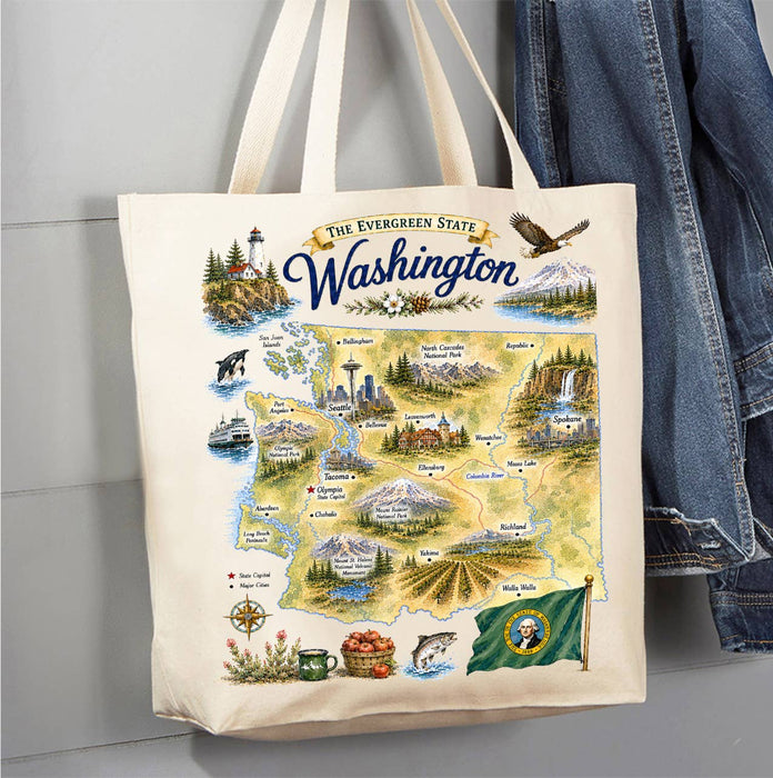 Washington State Map Landmark Canvas Tote Bag