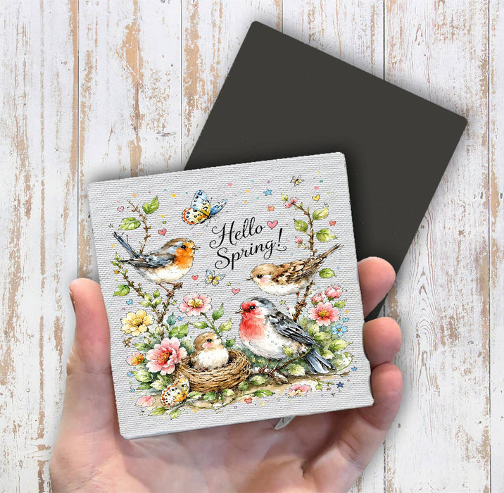 Hello Spring Flowers Birds Magnet Fridge