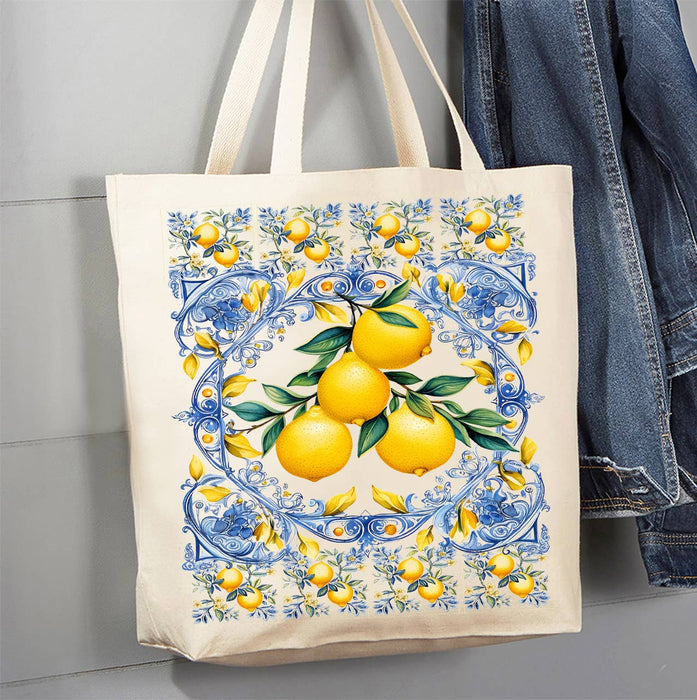 Mediterranean Blue Tiles Lemons Canvas Tote Bag