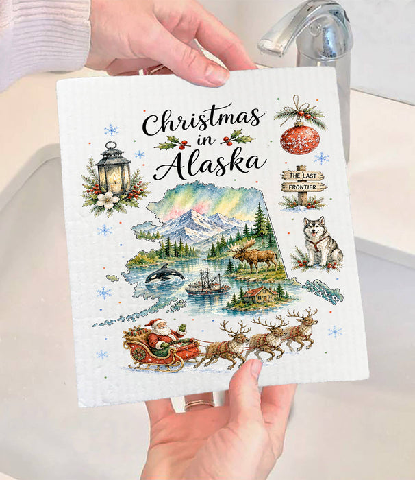 Christmas in Alaska State Map Swedish Dishcloth
